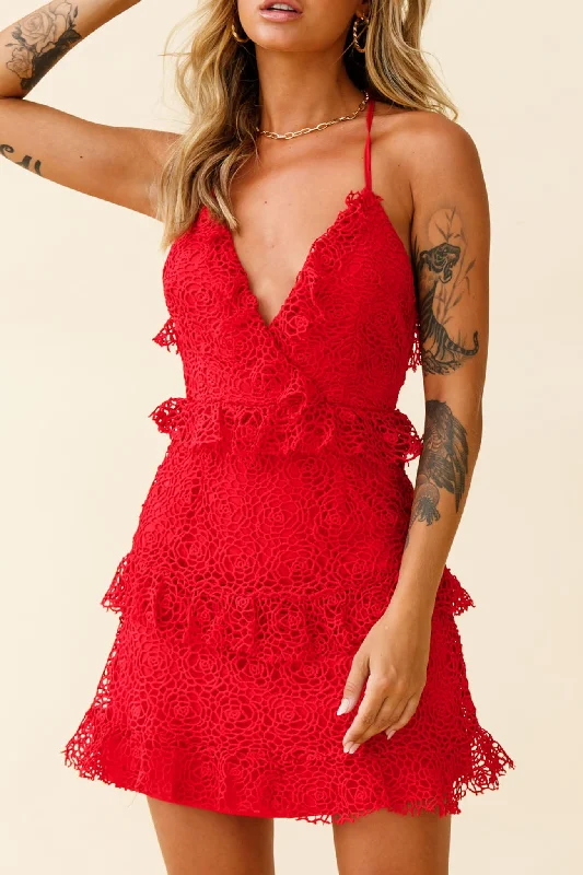 Airlie Halterneck Open Back Lace Dress Red