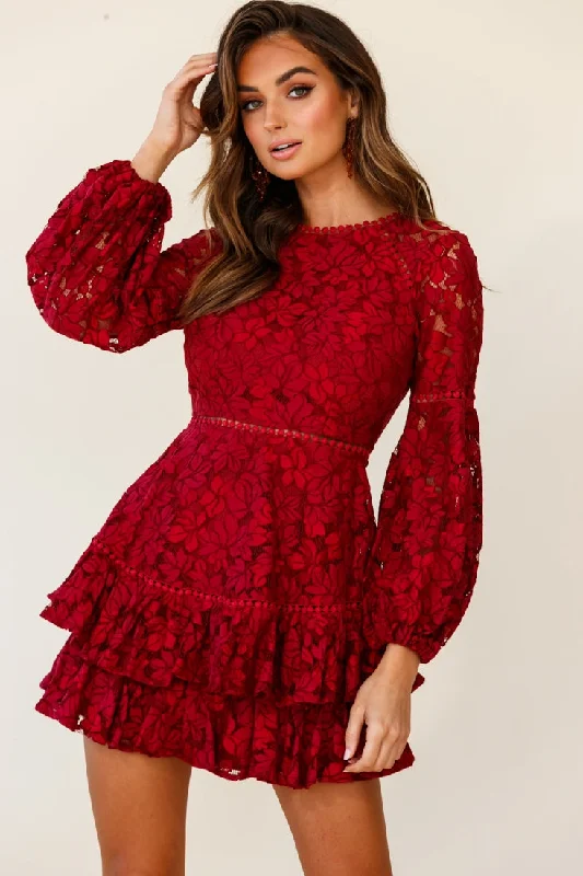 Henrietta Lace Overlay Long Sleeve Ruffle Dress Wine