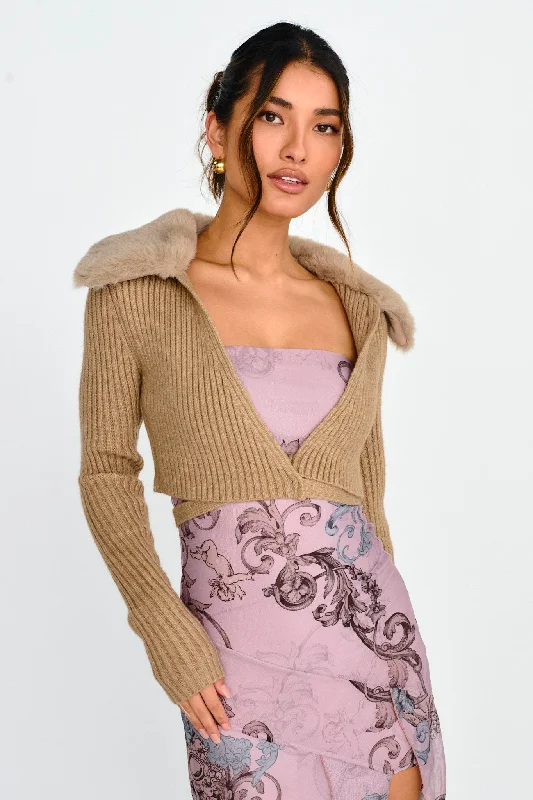 Hollyoak Fur Collar Knit Crop Top Oatmeal