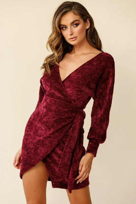 Isolde Ribbed Velour Wrap Dress Plum