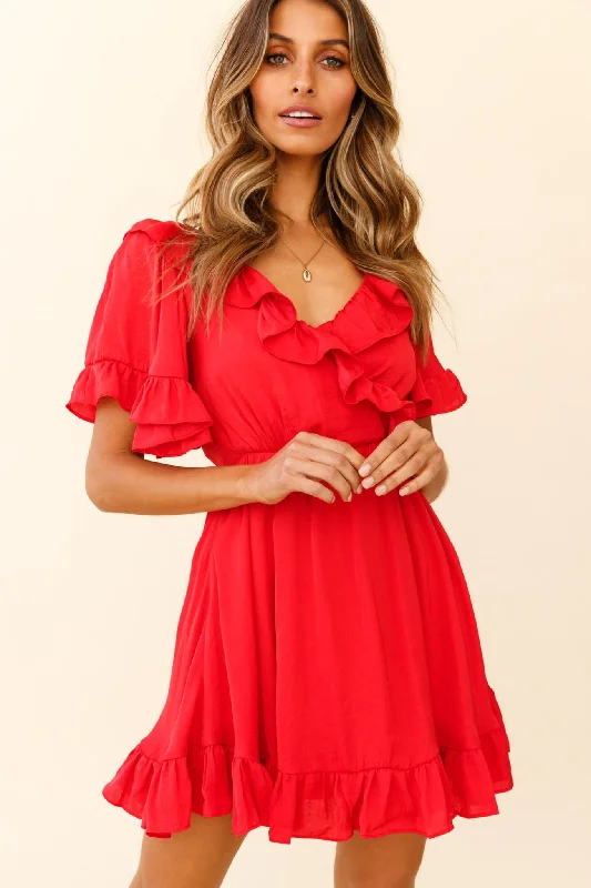 Malika Angel Sleeve Ruffle Trim Dress Red