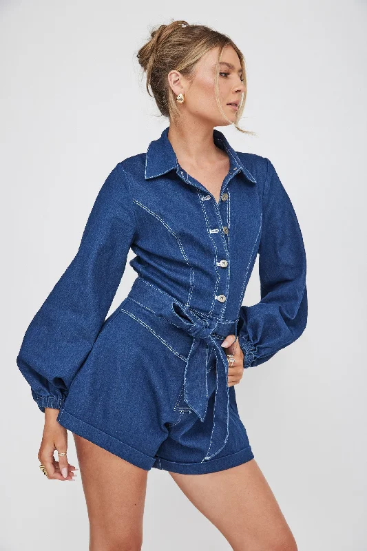 New Day Long Sleeve Button-Up Romper Indigo