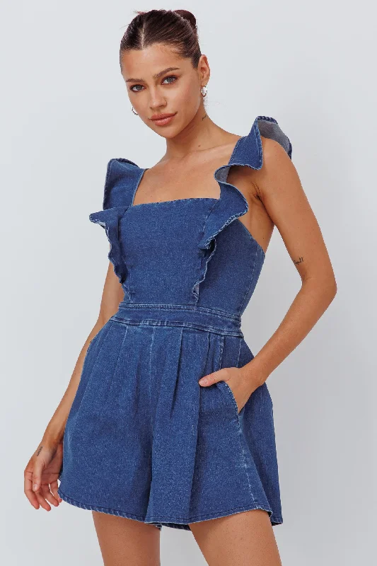 Nola Flared Ruffle Romper Light Denim