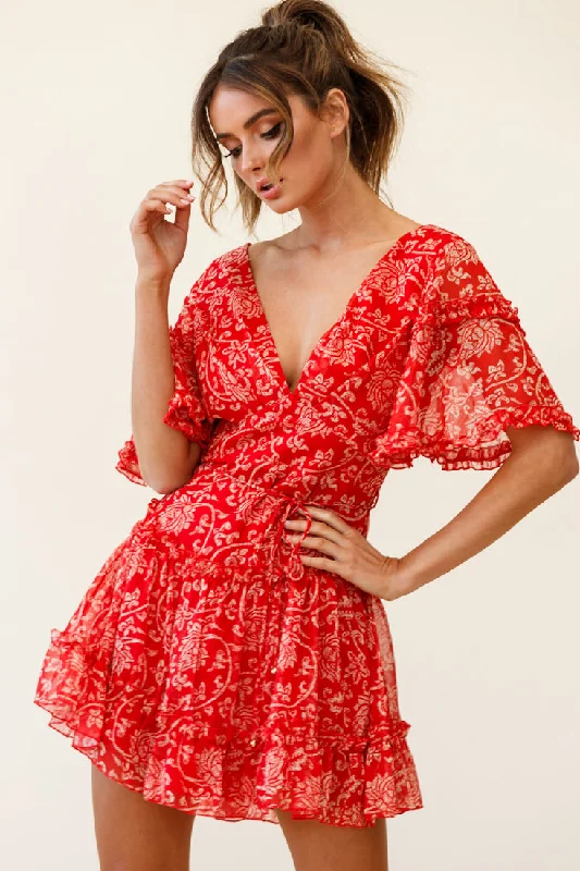 Psalm Angel Sleeve Frill Dress Floral Stencil Print Red