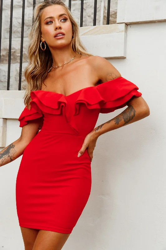 Rossi Off-Shoulder Double Ruffle Dress Red