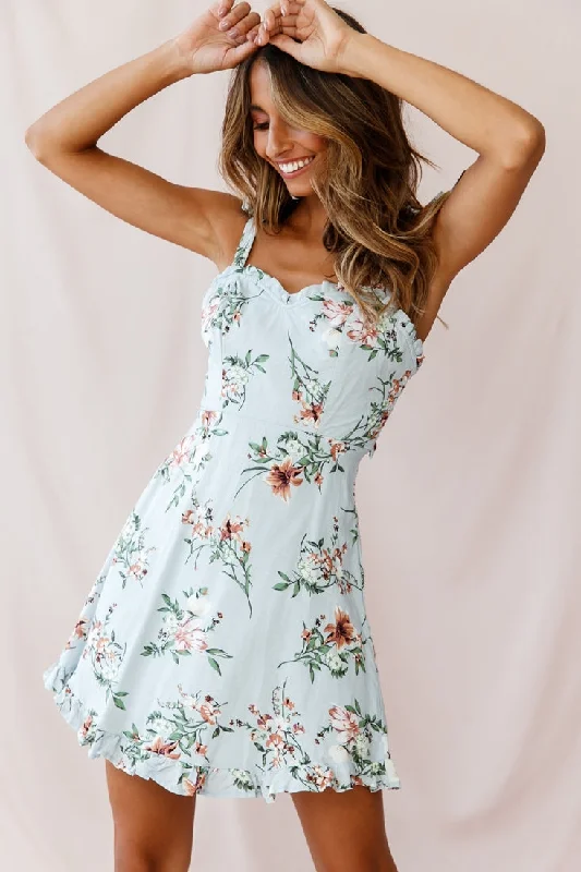 Selah Frill Trim Sweetheart Neckline Dress Floral Print Blue