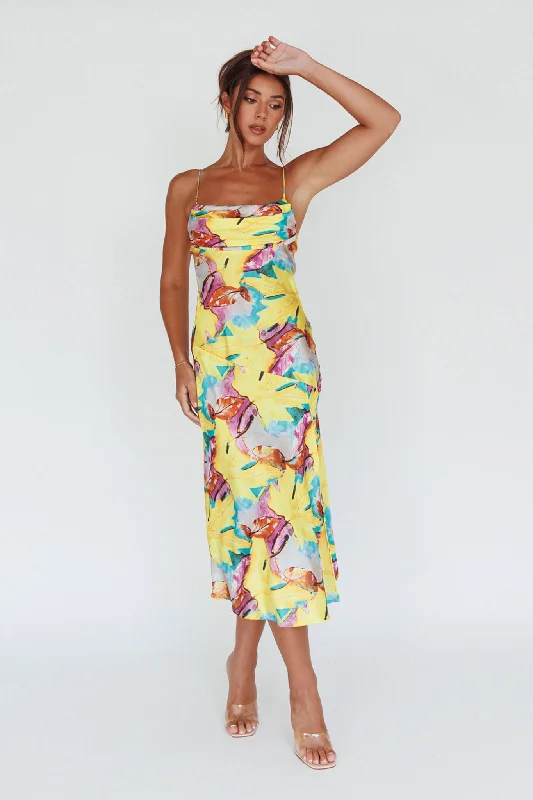 Well Versed Pleated Bust Front Split Dress Leaf Print Yellow