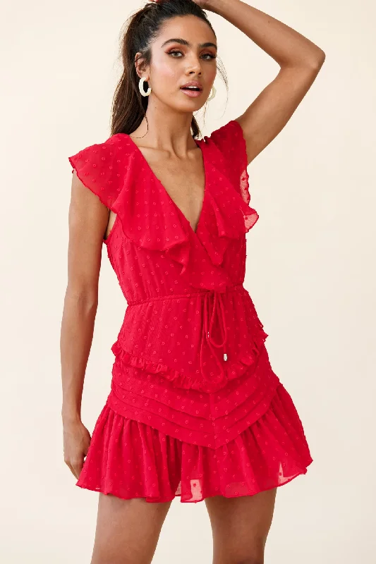 Willah Pintuck And Frill Detail Drawstring Dress Red Textured