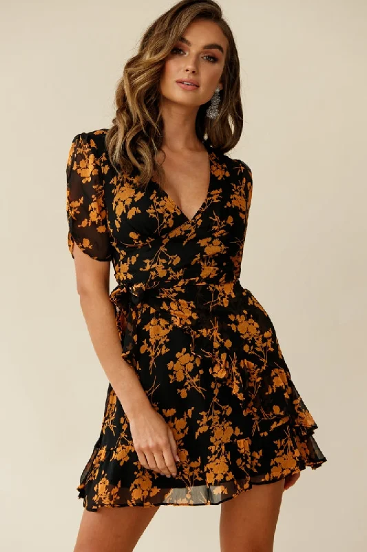 Wonderland Wrap Front Tea Dress Floral Print Black/Mustard