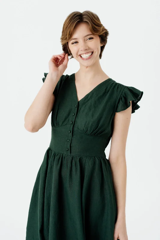 Diane Dress, Ruffle Sleeve, Evergreen