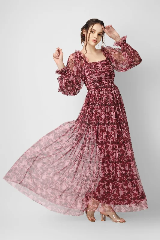 Lana Burgundy Printed Tulle Dress