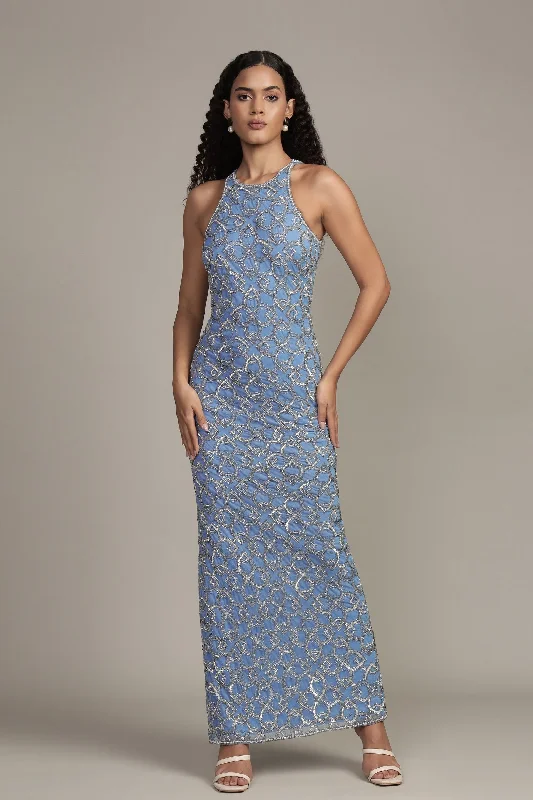 Maddox Embellished Maxi Dress in Powder Blue