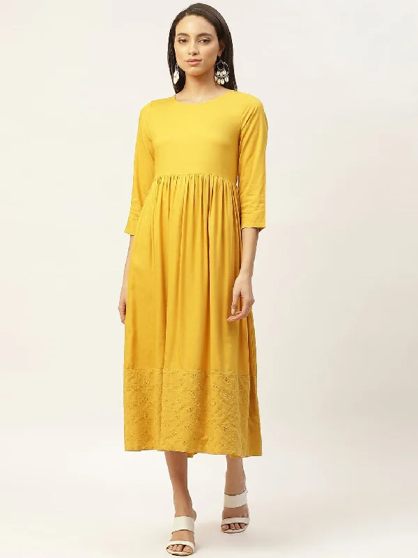 Mustard Schiffli Gathered Midi Dress