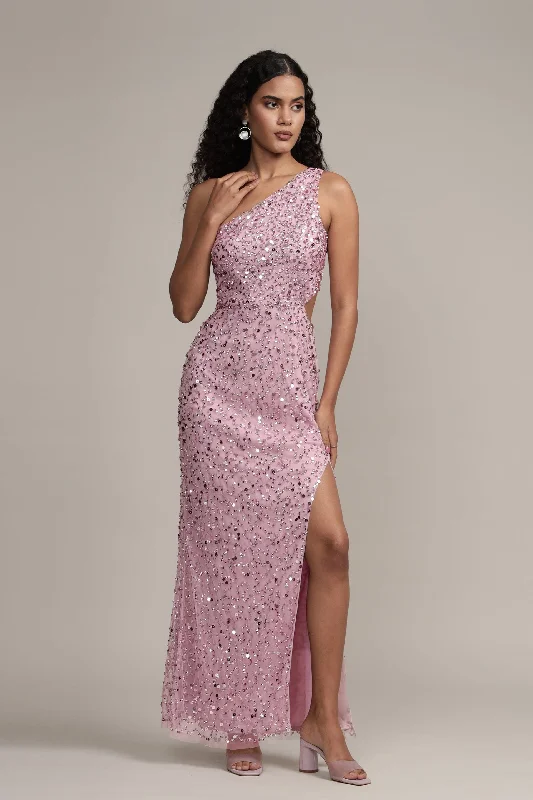 Naeve One Shoulder Sequin Dress in Pink