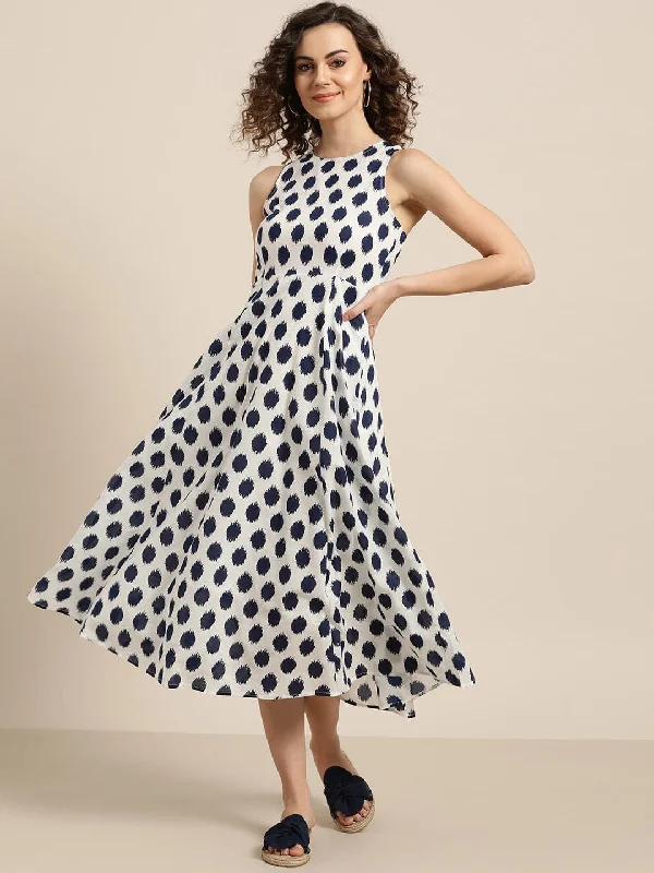 Navy Polka Deep Cut Sleeveless Dress