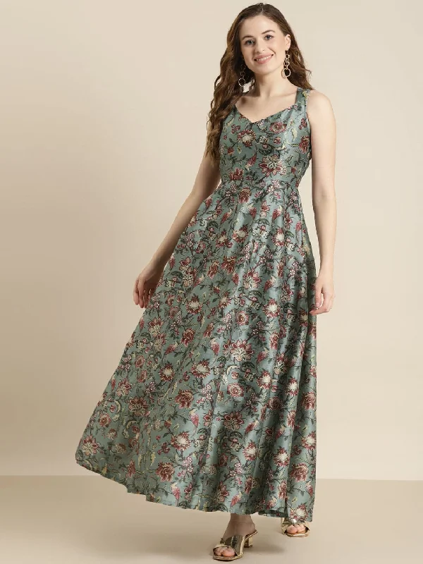 Olive Floral Sweetheart Anarkali Maxi Dress