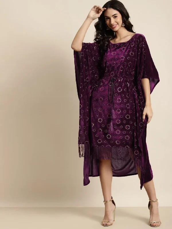 Purple Velvet Foil Print Fringe Lace Kaftan Dress