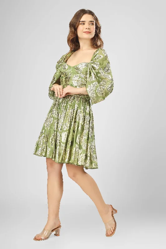 Sydney Metallic Printed Mini Dress in Olive Green