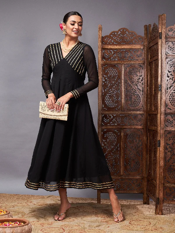 Women Black Gota Lace Detail Anarkali Maxi Dress