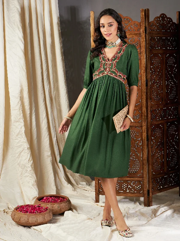 Women Green Embroidered Yoke Gathered Dress