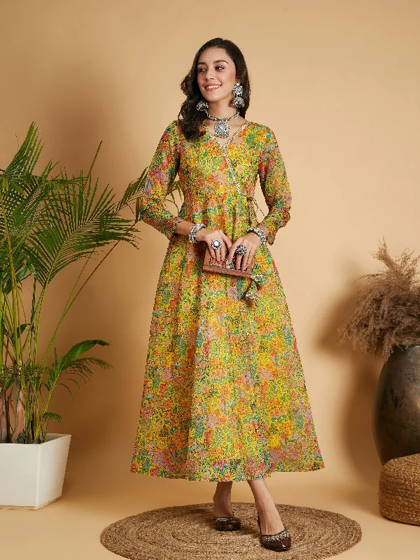 Women Lemon Yellow Floral Anarkali Maxi Dress