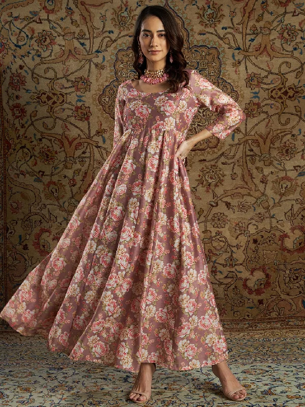 Women Mauve Chanderi Floral Anarkali Maxi Dress