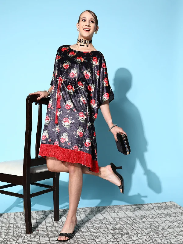 Women Navy Floral Velvet High Low Kaftan Dress