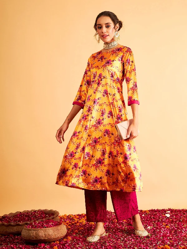 Women Orange Floral Velvet Printed Anarkali Dress