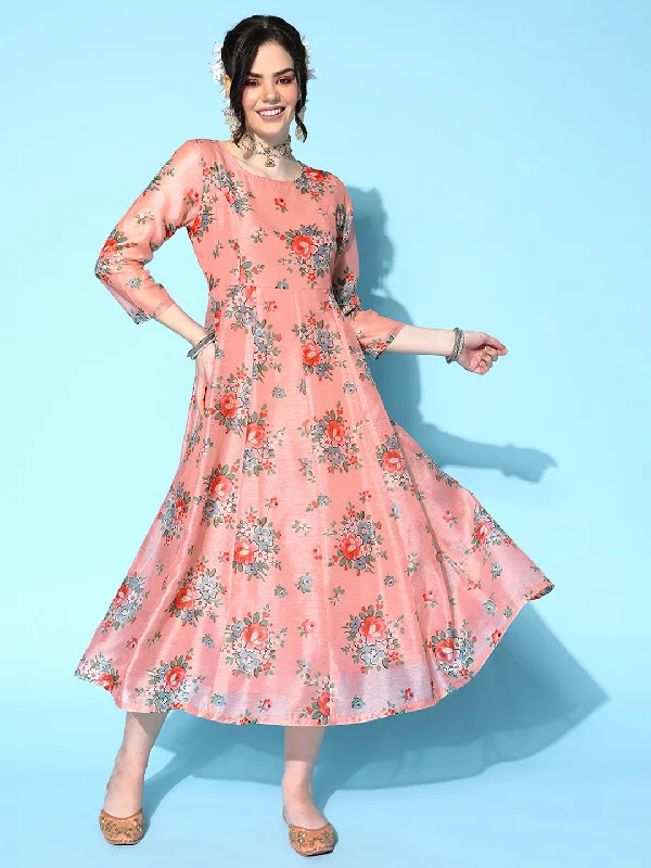 Women Peach Floral Anarkali Maxi Dress