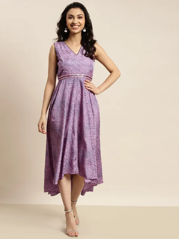 Women Purple Lehariya High Low Anarkali Maxi Dress