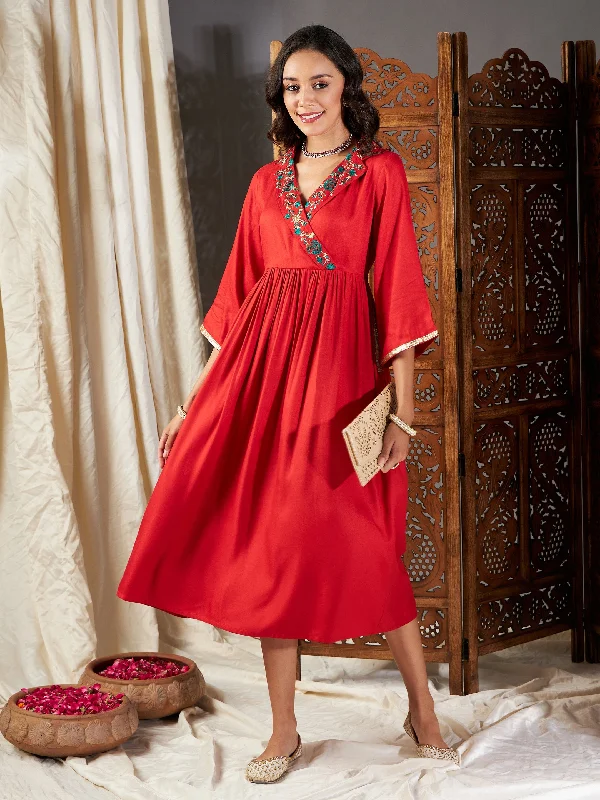 Women Red Collar Neck Gathered Dress