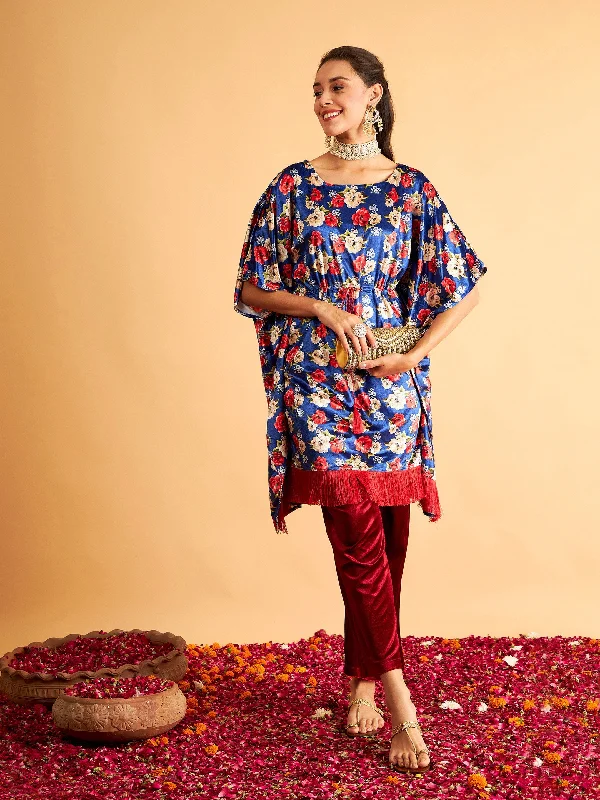 Women Royal Blue Floral Velvet High Low Kaftan Dress