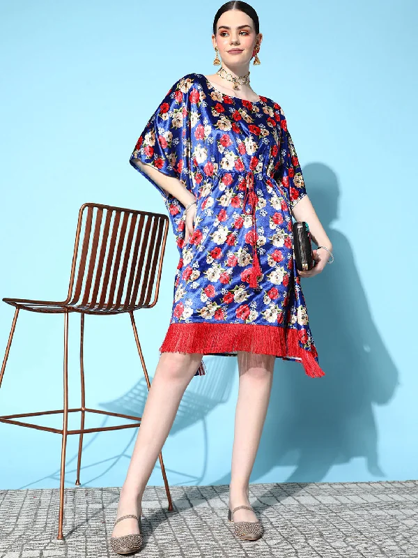 Women Royal Blue Floral Velvet High Low Kaftan Dress