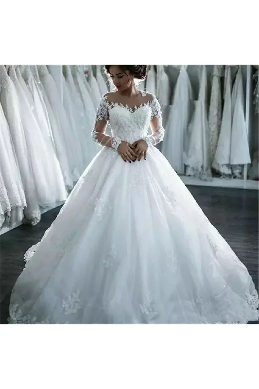 A-Line Ball Gown Jewel Sleeveless Lace Tulle Wedding Dress-715570