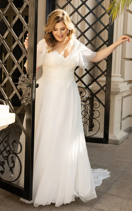 A Line Ethereal Plus Size V-neck Chiffon Wedding Dress-716230