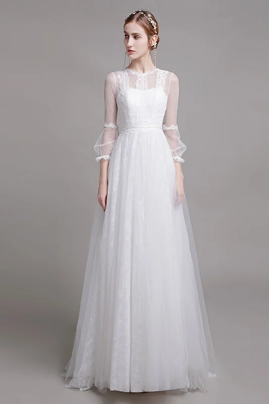 A-Line Floor Length Lace Tulle Wedding Dress CW2751