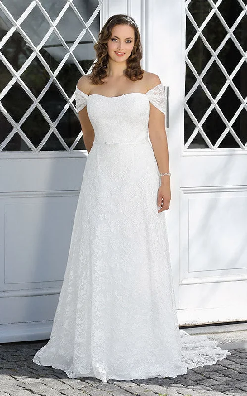 A-Line Floor-Length Off-The-Shoulder Lace Sweep Train Wedding Dress-714773