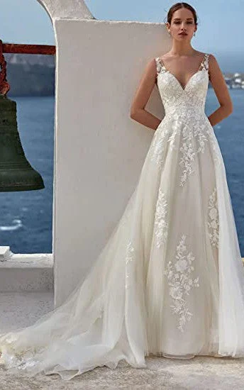 A-Line Spaghetti Tulle Wedding Dress Casual Sexy Elegant Summer Adorable Beach With Deep-V Back And Sleevesless And Appliques-716791