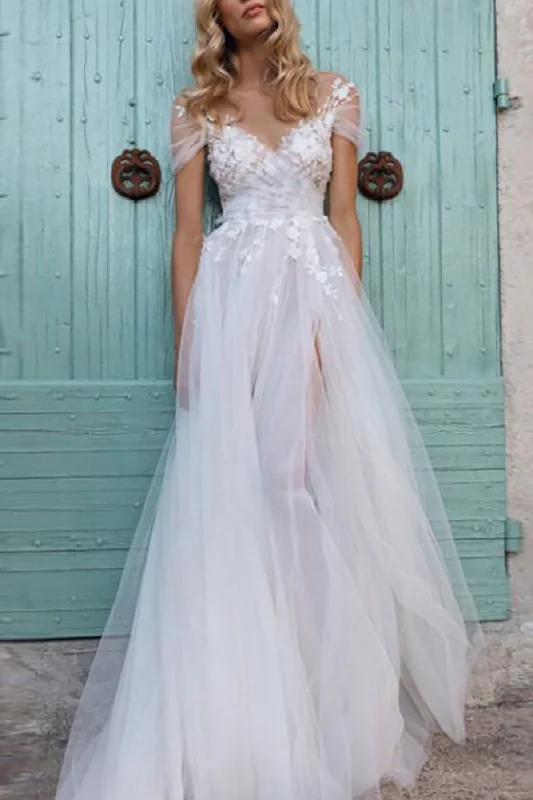 A-Line Sweep-Brush Train Lace Tulle Wedding Dress CW3118