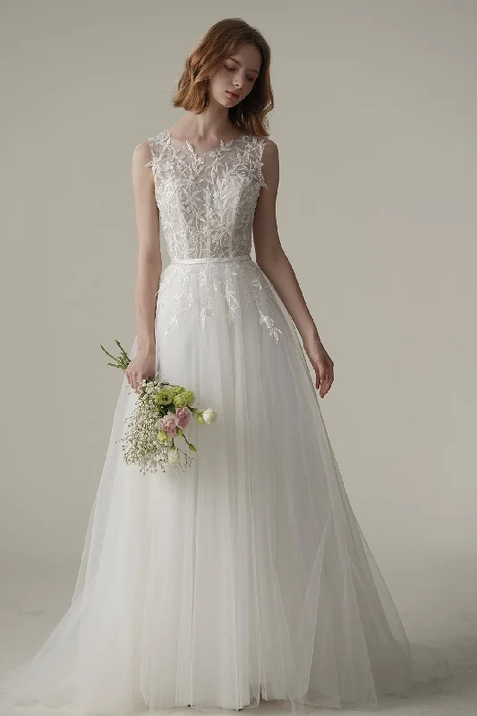 A-Line Sweep-Brush Train Tulle Wedding Dress CW3092