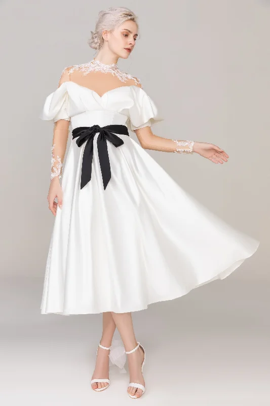 A-Line Tea Length Satin Tulle Wedding Dress CW2459