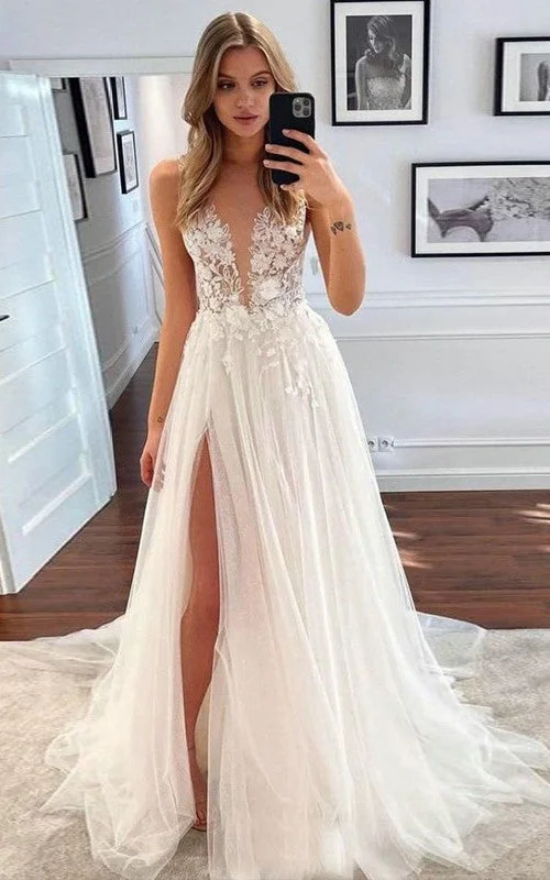 A-Line Tulle Sleeveless Wedding Dress with Split Front Plunging Neckline Country Garden Floor-length Sweep Train 2023-716813