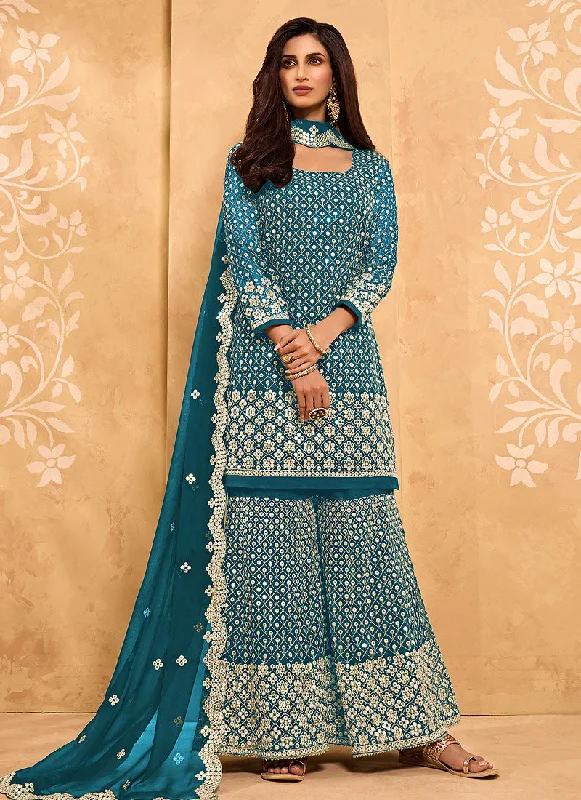 Aqua Blue Embroidered Georgette Sharara Suit