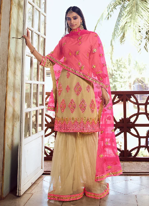 Beige And Pink Mirror Embroidered Gharara Suit