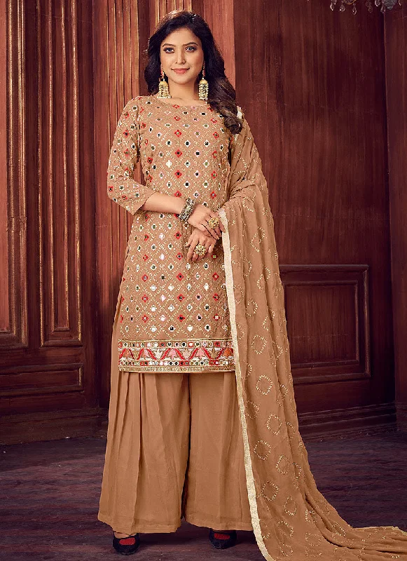 Beige Golden Mirror Embroidered Palazzo Suit