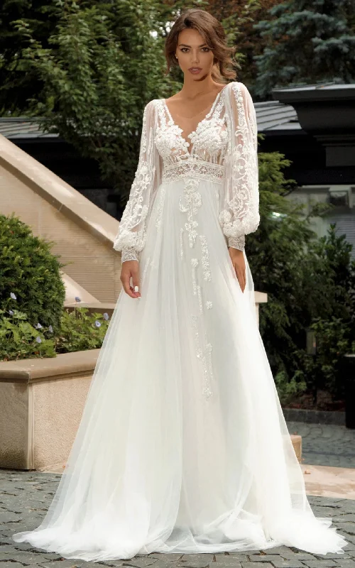 Bohemian A-Line Lace Wedding Dress V-neck Zipper Back Flowy Classy Beach-716672