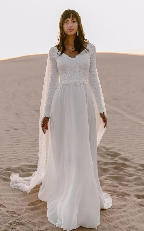 Bohemian A Line V-neck Chiffon Lace Long Sleeve Wedding Dress with V Back and Sweep Train-715922