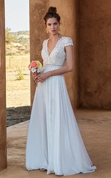 Casual A-Line Lace Chiffon V-neck Wedding Dress with Split Front-716468