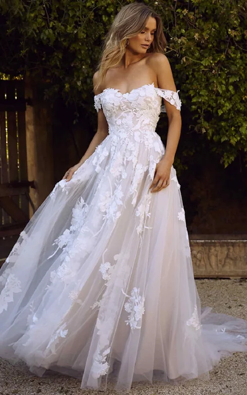 Casual Off-the-shoulder A Line Floor-length Court Train Sleeveless Wedding Dress With Appliques-716025