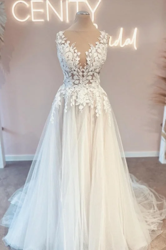 Charming Jewel A-Line Lace Tulle Wedding Dress with Applique